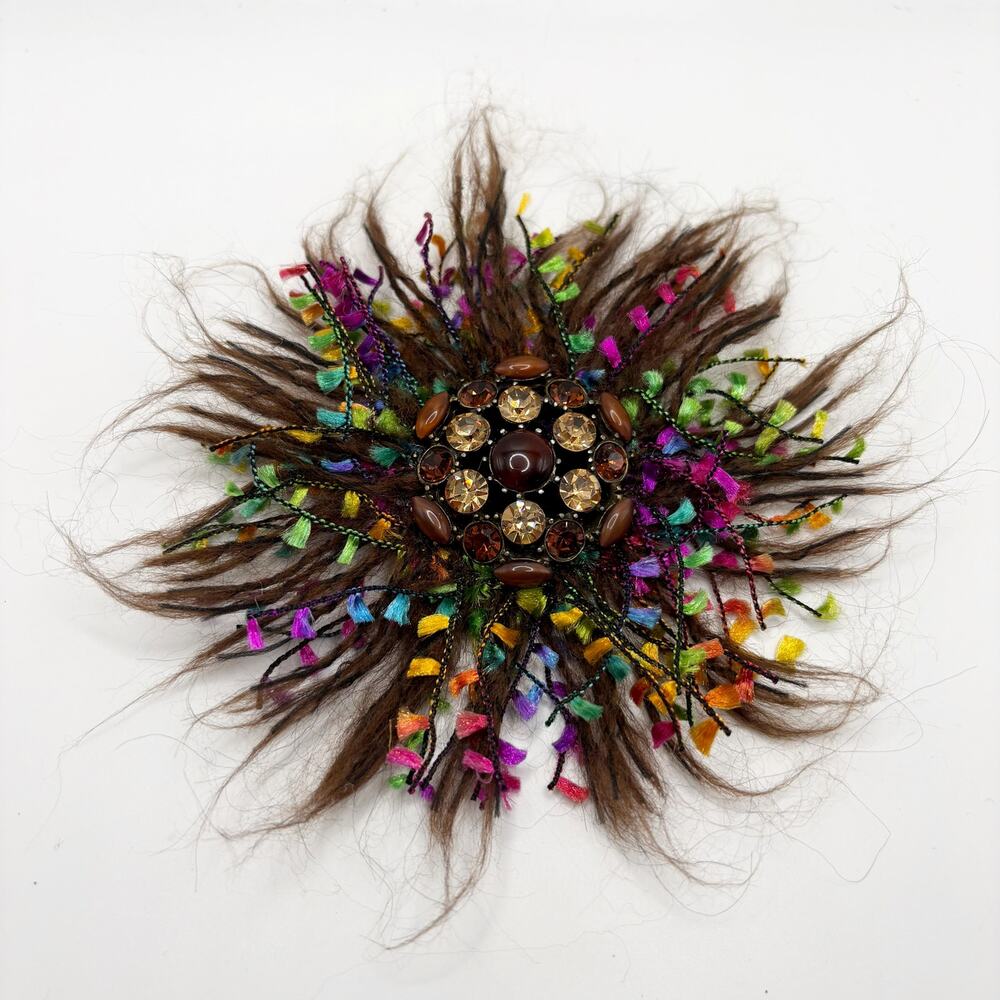 Gerard Yosca Multicolored & Brown Wool Tweed Brooch w/ Brown & Yellow Stones EUC
